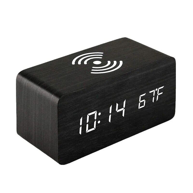 Wooden Digital Alarm Clock- Charger- Black