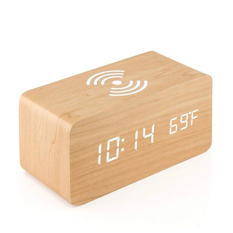 Wooden Digital Alarm Clock-Charger - Light Brown