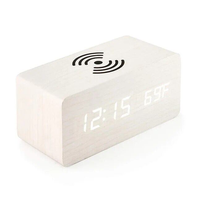 Wooden Digital Alarm Clock-Charger-White