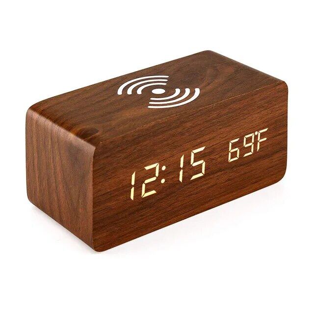 Wooden Digital Alarm Clock-Charger-brown