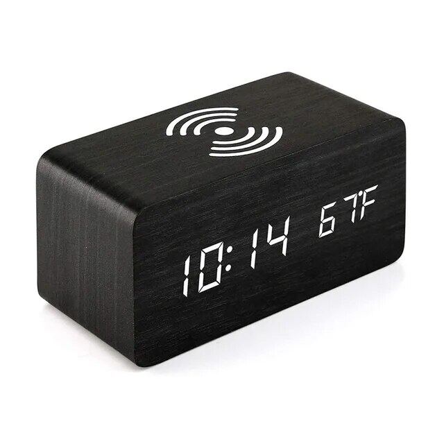 Wooden Digital Alarm Clock-Charger-Front